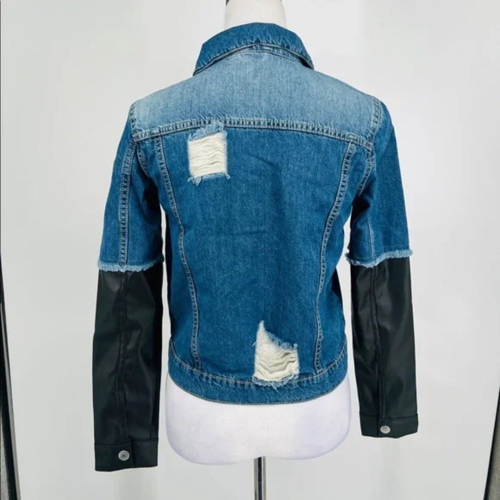 Blue Distressed Denim Jeans Jacket with Long Vegan Leather Faux Leather Sleeves - Picture 12 of 13